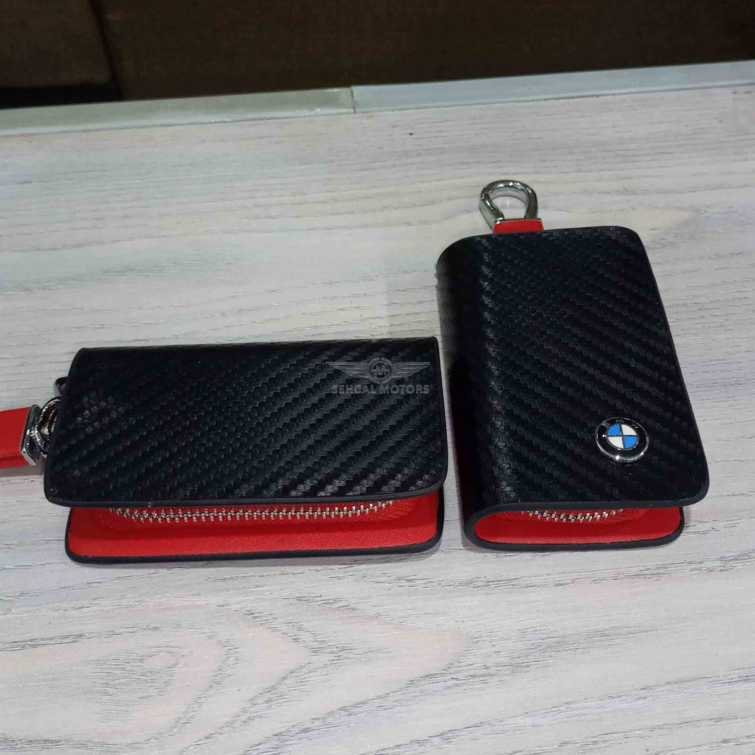 Audi Zipper Carbon Fiber Leather Key Cover Pouch Black With Keychain Ring